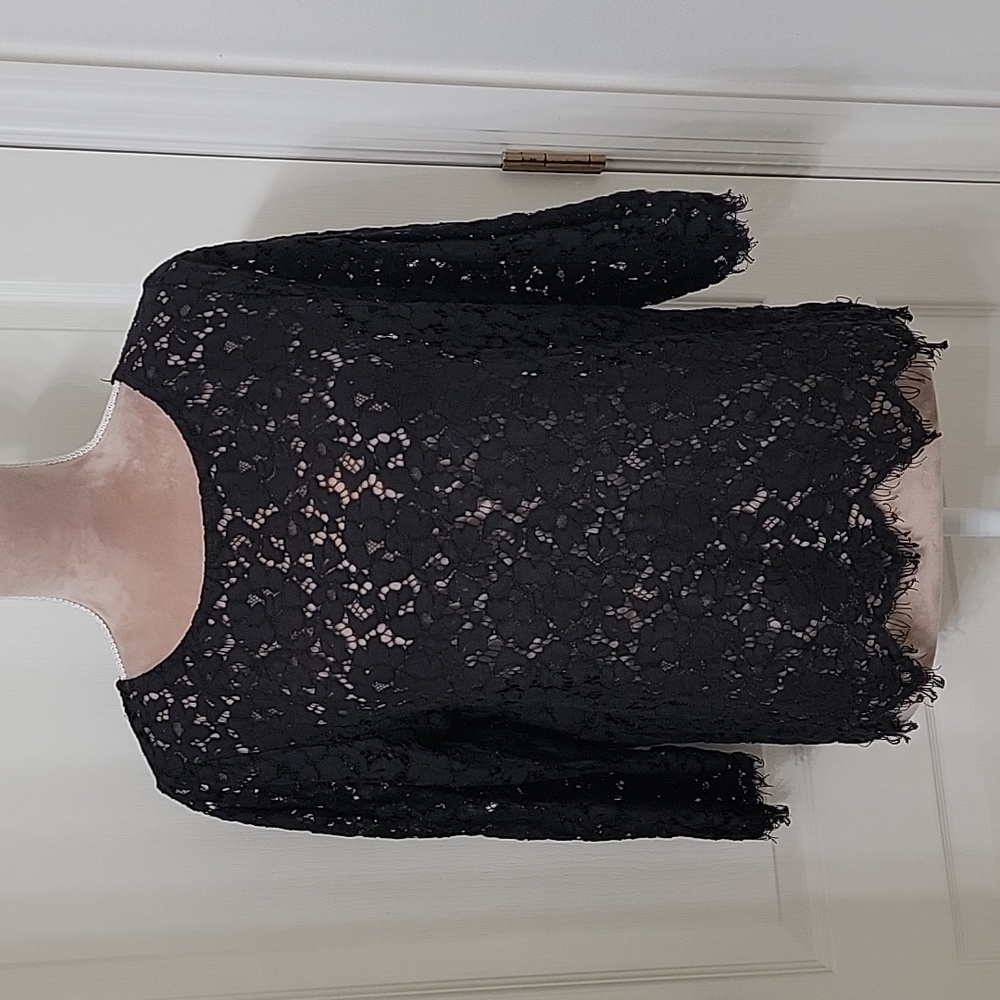 Rafaella Size L Black Lace Overshirt. Pointed Hem with Frayed Edges.